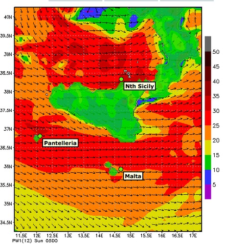 PredictWind Wind Map 18th Oct Showing High Winds Nth of Sicily at 0500hrs - Rolex Middle Sea Race © PredictWind.com www.predictwind.com